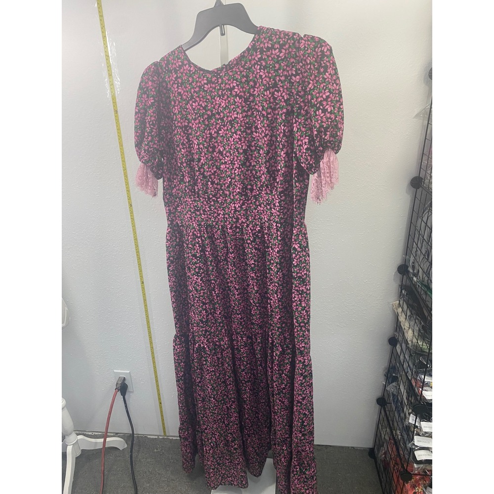 Maktub Floral Maxi Dress Pink Green Lace Trim Puff Sleeve Tiered NWT Cottagecore